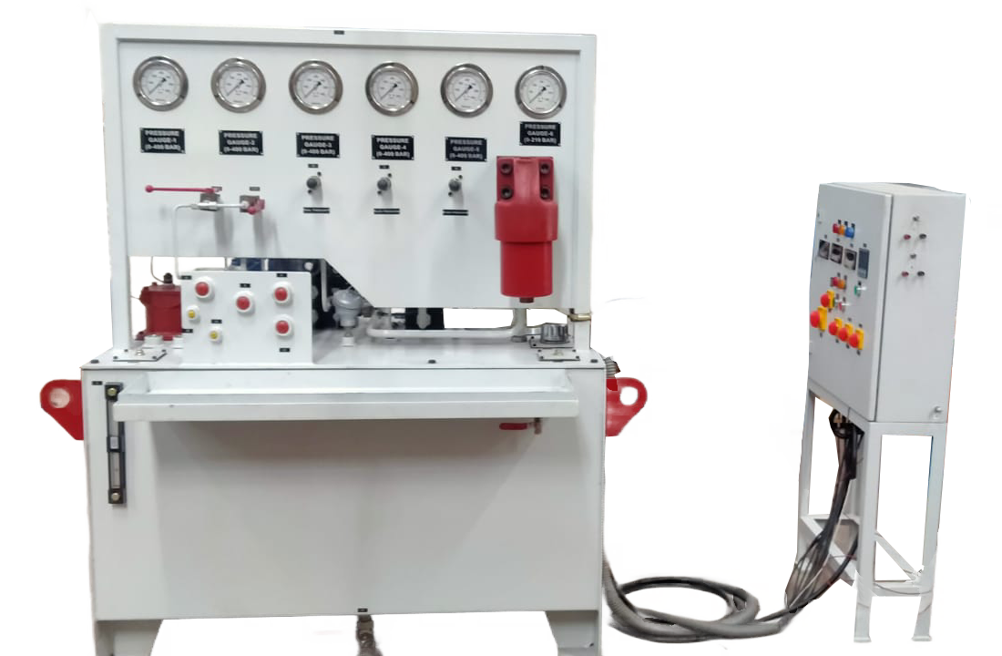 A sophisticated hydraulic test bench for quality assurance.